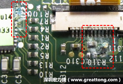 電路板疑似腐蝕氧化，懷疑電流異常過熱造成