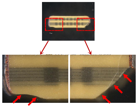 從破裂的現(xiàn)象與電容廠商切片的照片看來，破裂的痕跡從端接處以斜角裂開，電容零件的確像是機械外應(yīng)力所造成的破裂。