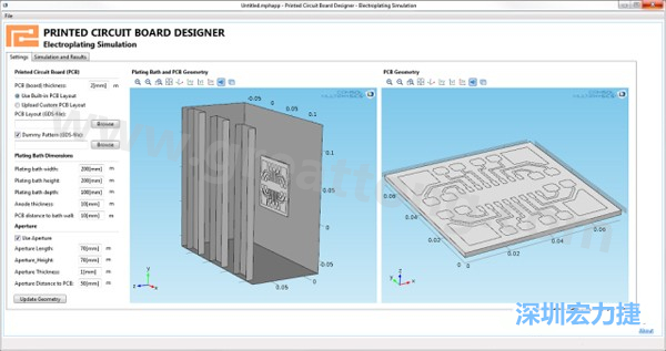 電鍍App允許PCB板設(shè)計人員導(dǎo)入不同的設(shè)計(包含或不含虛置圖形)，點擊計算，然后就能查看所仿真的厚度均勻性-深圳宏力捷