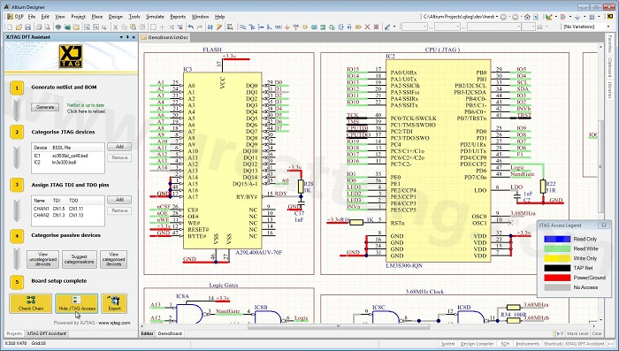 XJTAG DFT Assistant的Access Viewer模式可以清楚地顯示可用的測(cè)試存取層級(jí)，讓電路板設(shè)計(jì)人員在展開PCB布局以前的原理圖擷取階段盡可能地提高測(cè)試存取能力