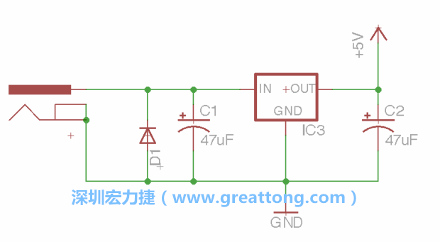 新增RBBB→Power_Jack，將它放在電壓調整器的輸入端旁邊。