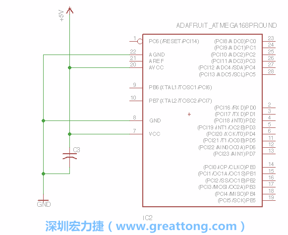 3.1.    新增微控制器晶片（RBBB → ATmega），把它放在電路原理圖的中央附近，把它的兩個(gè)接地接頭連接到接地訊號(hào)端。