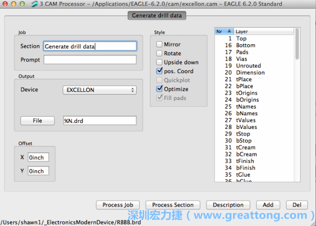 打開(kāi)「excellon.cam」的工作項(xiàng)目并建立drill文件（副檔名為「.dri」和「.drd」），之后你只會(huì)用到「.drd」的文件檔；「.dri」的文件只是解釋用資料（所謂后設(shè)資料）而已。