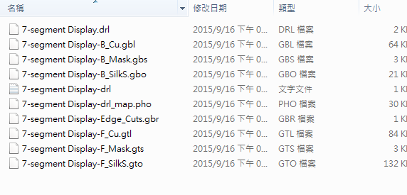所謂Gerber檔，其實是包含一群檔案 (如下圖所示)，如包含正反面銅箔層 F.Cu B.Cu.，正反面文字面 F.Silkscreen ，B.Silkscreen，防焊層 SolderMask、板邊裁切Edge.Cuts 等。