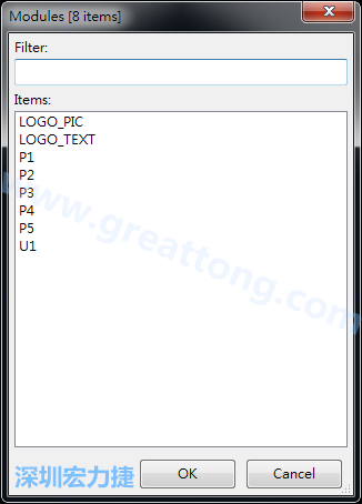 從目前正在編輯的PCB載入Module， 會顯示有那些項目可載入。點選一個， OK后即完成載入